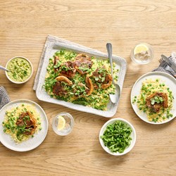 Oven Baked Lamb with Pea Hummus