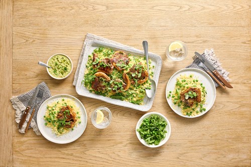 Oven Baked Lamb with Pea Hummus